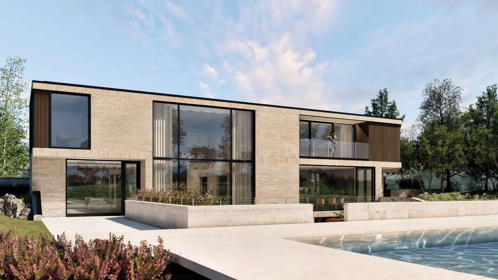 Old Westbury house from the garden: brick and charred wood, large glass, a pool
